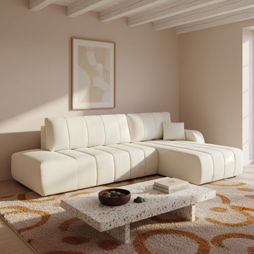Canapé D'angle Droit Convertible Belem 4/5 Places Tissu Chenille Écru