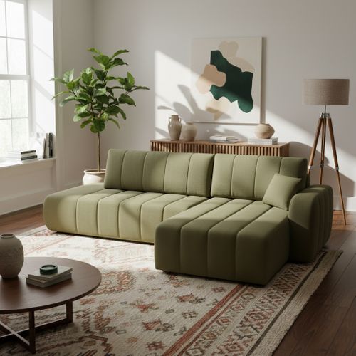 Canapé D'angle Droit Convertible Belem 4/5 Places Tissu Chenille Vert