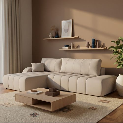 Canapé D'angle Gauche Convertible Belem 4/5 Places Tissu Chenille Grège