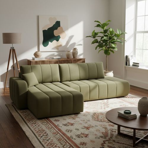 Canapé D'angle Gauche Convertible Belem 4/5 Places Tissu Chenille Vert Kaki
