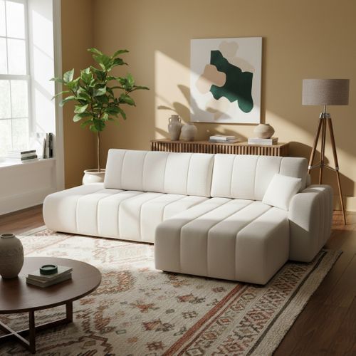 Canapé D'angle Droit Convertible Belem 4/5 Places Tissu Bouclette Écru