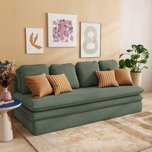 Banquette Convertible Noma 3 Places Tissu Bouclette Vert Kaki