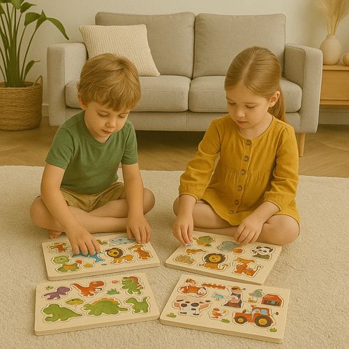 Pack De 4 Puzzles En Bois Jouet Éducatif Et Montessori Enfants Animaux, Zoo, Marin Et Dinosaures - D