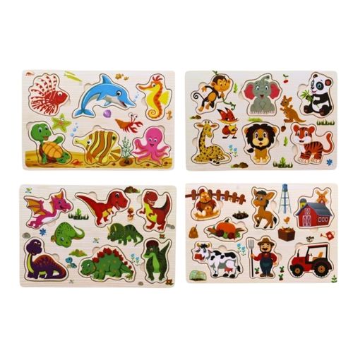 Pack De 4 Puzzles En Bois Jouet Éducatif Et Montessori Enfants Animaux, Zoo, Marin Et Dinosaures - D