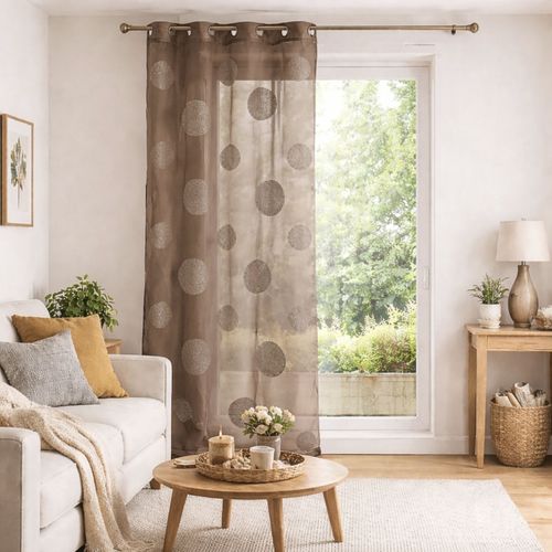 Voilage En Etamine Brodé De Ronds Mélés - 140x240 Cm - Taupe