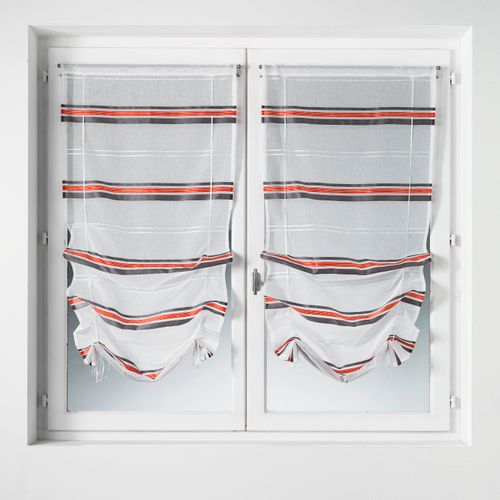 Paire De Petits Voilages à Remonter En Étamine à Rayures Horizontales - 60x160 Cm - Rouge