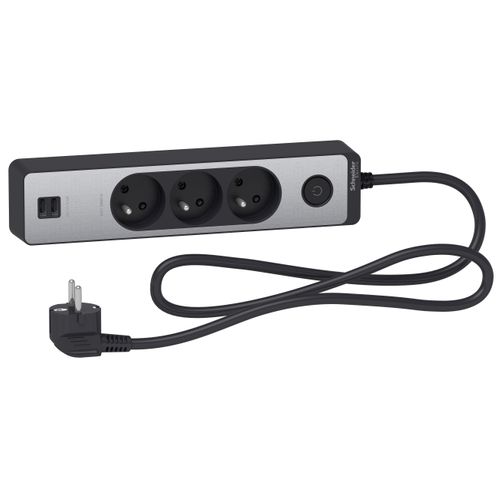 Bloc Multiprise 3 Prises 2p+t + 2 USB - Noir Et Alu - Schneider