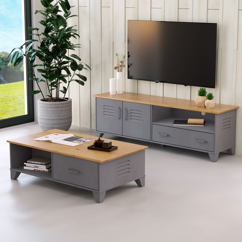Meuble TV L.160 cm SEVEN en pin gris