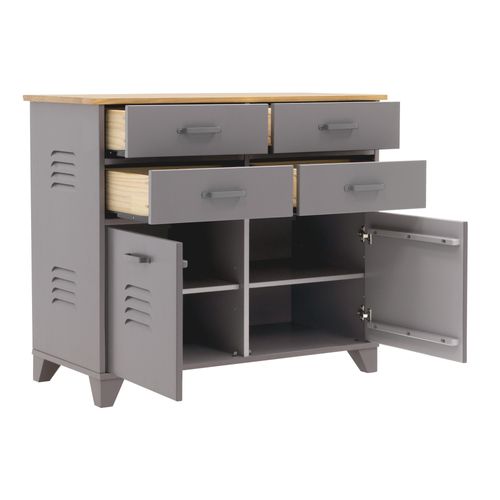 Commode 2 portes 4 tiroirs en pin SIX gris