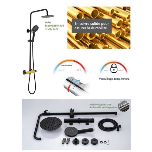 Colonne De Douche - Mitigeur Thermostatique - Pomme Haute Ronde Diametre 20 Cm - Noir Mat