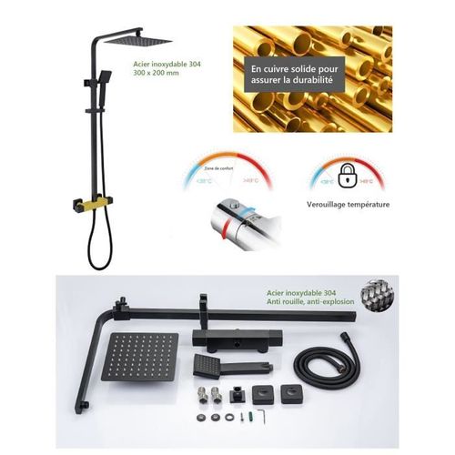 Colonne De Douche - Mitigeur Thermostatique - Pomme Haute Rectangle 30x20 Cm - Noir Mat