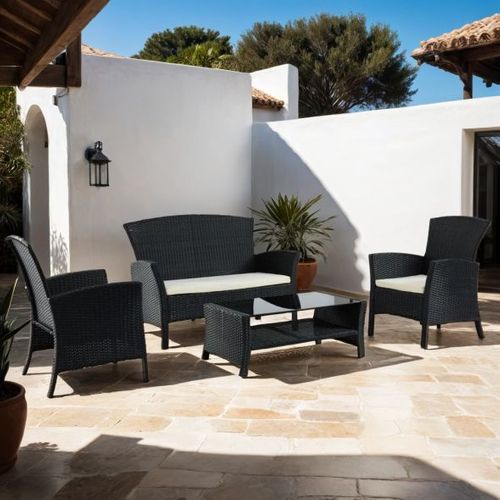 Salon De Jardin Fidji 4 Places En Résine Tressée Noire Et Coussins Beige