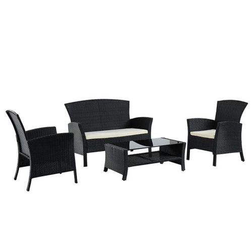 Salon De Jardin Fidji 4 Places En Résine Tressée Noire Et Coussins Beige