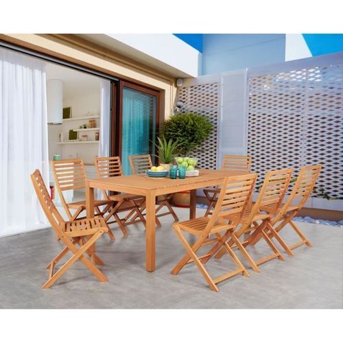 Salon De Jardin En Bois Eucalyptus Fsc 8 Personnes - Table 180 X 90 Cm + 8 Chaises Pliantes