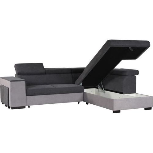 Canapé D'angle Droit Convertible + Coffre 5 Places Tissu Gris L 271 X P 220 X H 77 Cm Armstrong
