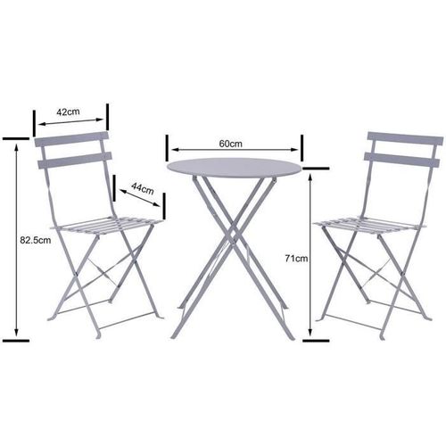 Set Bistrot Ensemble Repas De Jardin Table Pliante + 2 Chaises Structure : Acier Coloris : Gris