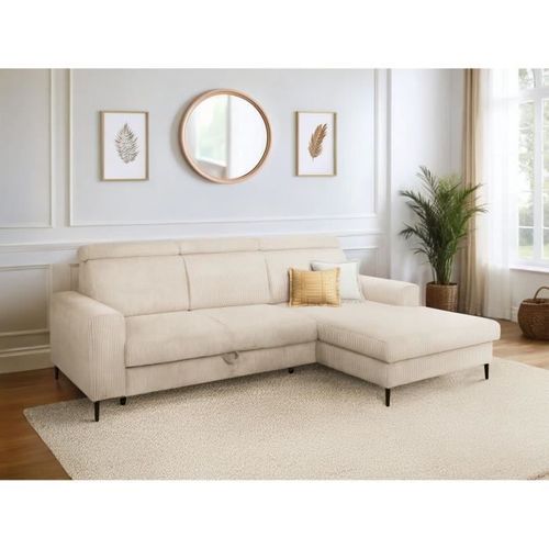 Canapé D'angle Convertible - 4 Places - Nizza - Velours Côtelé Beige - Coffre - 250 X 166 X 92/104