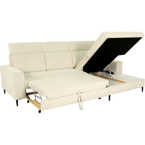Canapé D'angle Convertible - 4 Places - Nizza - Velours Côtelé Beige - Coffre - 250 X 166 X 92/104