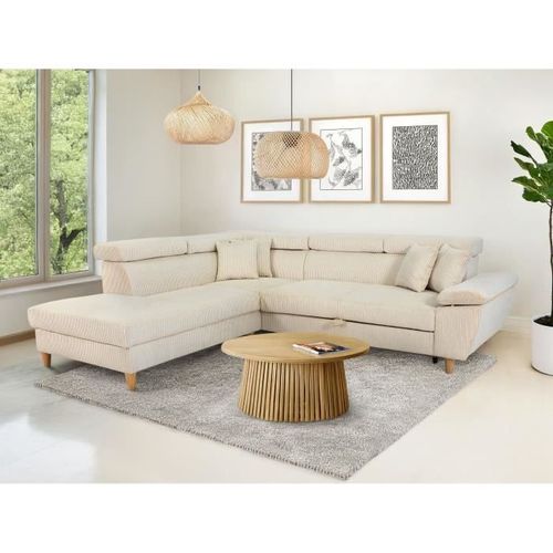 Canapé D'angle Convertible 4 Pl Weston - Velours Côtelé Beige - Têtières Réglables - 259x227x77/92cm