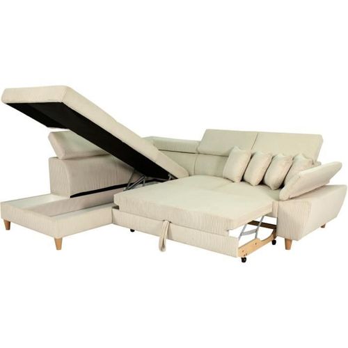 Canapé D'angle Convertible 4 Pl Weston - Velours Côtelé Beige - Têtières Réglables - 259x227x77/92cm