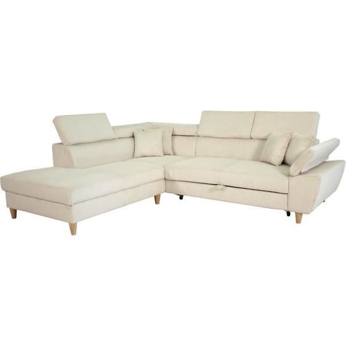 Canapé D'angle Convertible 4 Pl Weston - Velours Côtelé Beige - Têtières Réglables - 259x227x77/92cm