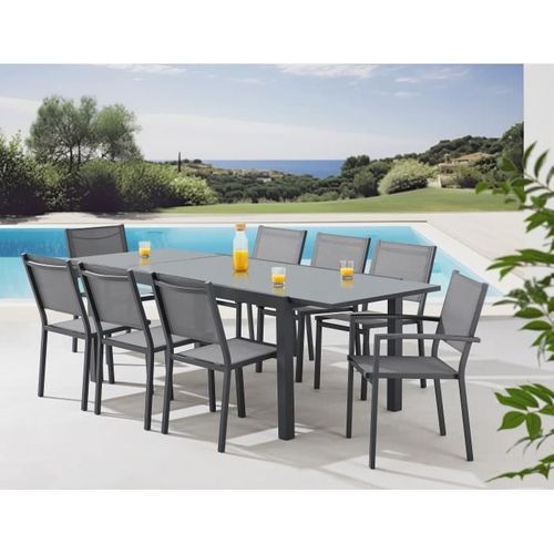 Ensemble Repas De Jardin 6 à 8 Personnes : Table Extensible 180-240 Cm + 2 Fauteuils + 6 Chaises
