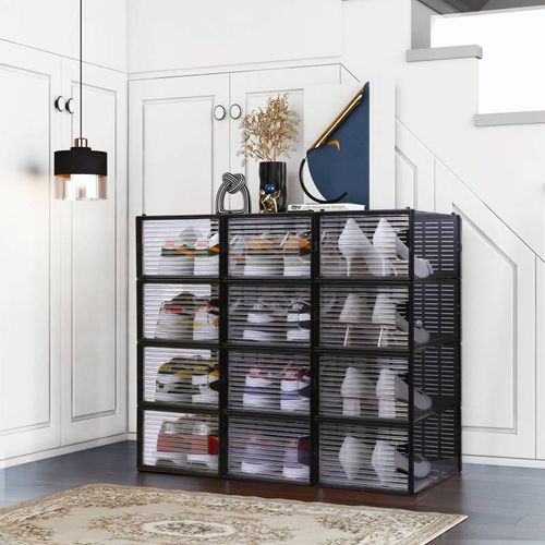 Rangement à Chaussure - Boite à Chaussures - Noires Et Transparentes Crystal - Lot De 12