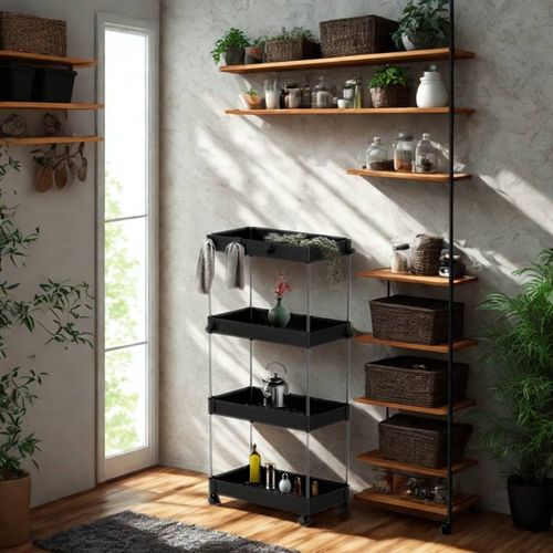 Desserte à Roulettes, Chariot De Rangement, Étagère Roulante, 4 Niveaux