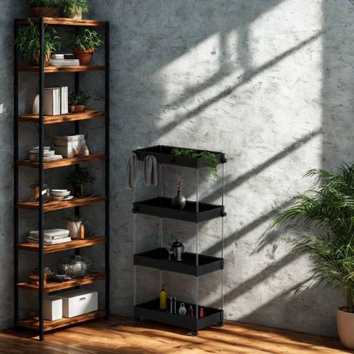 Desserte à Roulettes, Chariot De Rangement, Étagère Roulante, 4 Niveaux