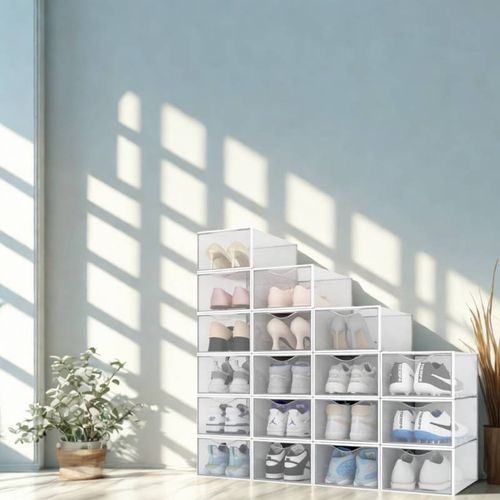 Lot De 18 Boîtes à Chaussures / rangement Transparentes Blanches En Plastique 33.4x23x14.5cm