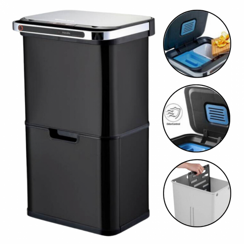 Poubelle Cuisine Automatique De Tri à 4 Compartiments - 60l -  Noir Mat - Piles Ou Batterie