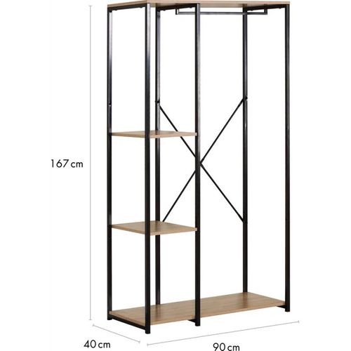 Dressing Ouvert, Avec Étagères Et Tringle Pour Cintres, En Bois Clair Et Métal Noir