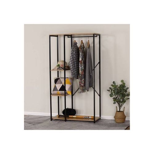 Dressing Ouvert, Avec Étagères Et Tringle Pour Cintres, En Bois Clair Et Métal Noir