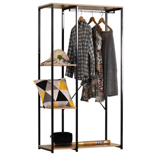 Dressing Ouvert, Avec Étagères Et Tringle Pour Cintres, En Bois Clair Et Métal Noir