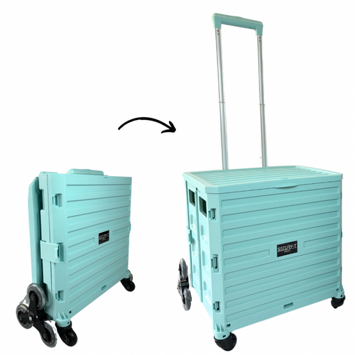 Chariot De Course 8 Roues - Pliable - Plastique - Avec Couvercle - Bleu Turquoise - 70kg
