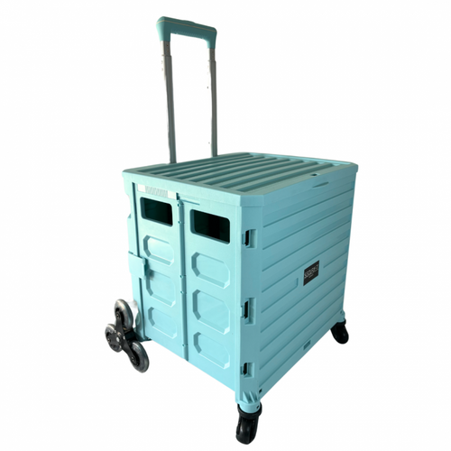 Chariot De Course 8 Roues - Pliable - Plastique - Avec Couvercle - Bleu Turquoise - 70kg