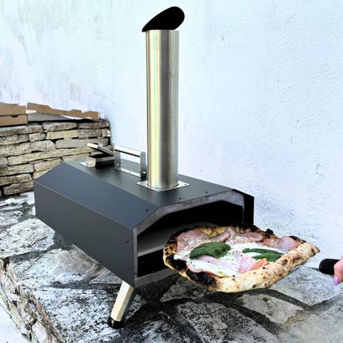 Four à Pizza Portable à Bois Pellet - Acier Inoxydable - Noir Et Gris - Avec Roulette Et Pelle