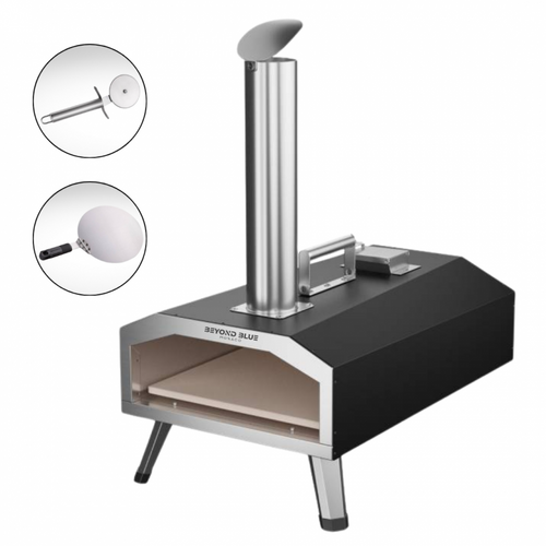 Four à Pizza Portable à Bois Pellet - Acier Inoxydable - Noir Et Gris - Avec Roulette Et Pelle