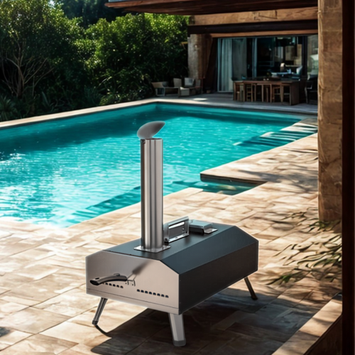 Four à Pizza Portable à Bois Pellet - Acier Inoxydable - Noir Et Gris - Avec Roulette Et Pelle