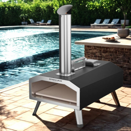 Four à Pizza Portable à Bois Pellet - Acier Inoxydable - Noir Et Gris - Avec Roulette Et Pelle