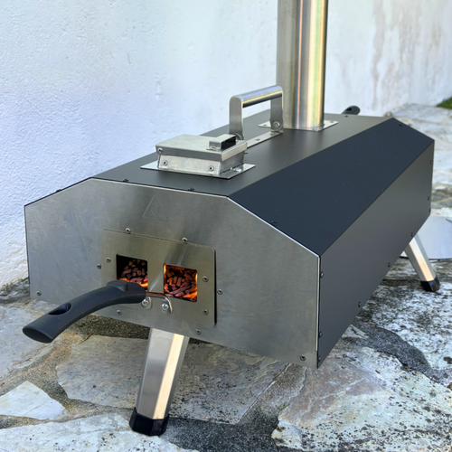 Four à Pizza Portable à Bois Pellet - Acier Inoxydable - Noir Et Gris - Avec Roulette Et Pelle