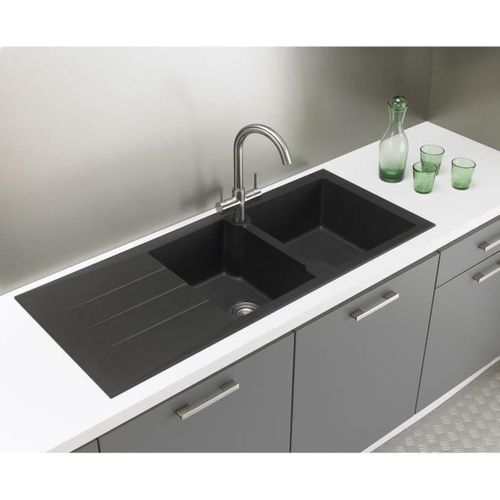 Evier Cuisine à Encastrer 2 Bacs + 1 Égouttoir Aloa - Résine - 116 X 50 Cm - Noir