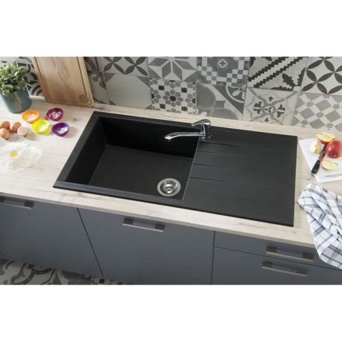 Evier à Encastrer Cube, En Smc Noir Paillete - 06,  1 Bac, Dim. 100 * 50 Cm, Vidage Manuel