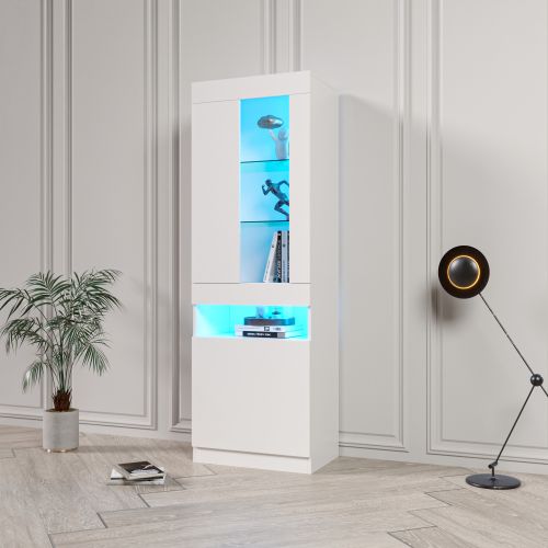 Vitrine Avec LED, Armoire Buffet De Salon Avec Espace De Rangement, Blanc