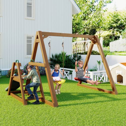 Balançoire double pour enfants, très robuste avec toboggan et échelle d'escalade, en bois massif