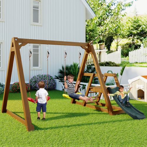 Balançoire double pour enfants, très robuste avec toboggan et échelle d'escalade, en bois massif