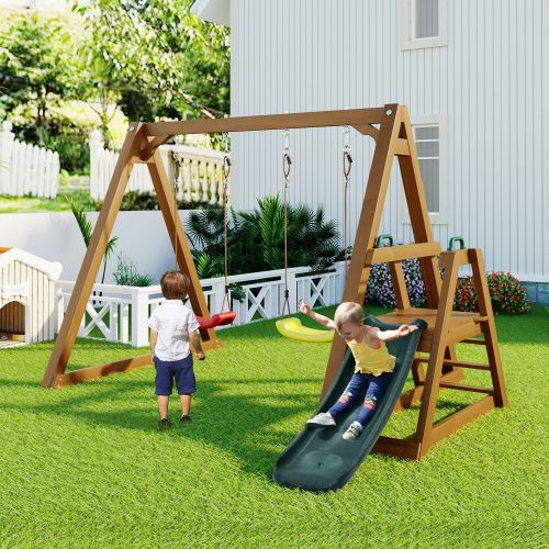 Balançoire double pour enfants, très robuste avec toboggan et échelle d'escalade, en bois massif