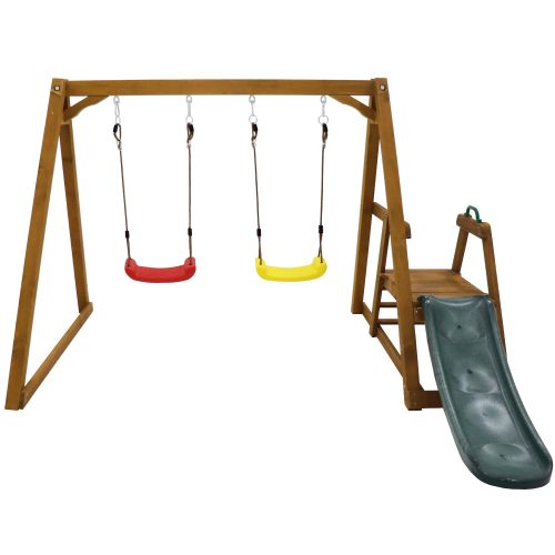 Balançoire double pour enfants, très robuste avec toboggan et échelle d'escalade, en bois massif