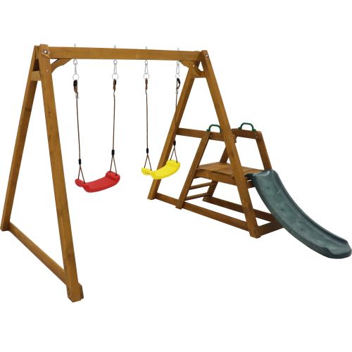 Balançoire double pour enfants, très robuste avec toboggan et échelle d'escalade, en bois massif