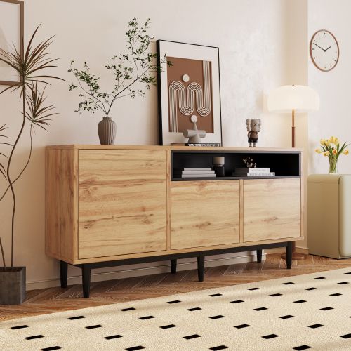 Buffet Moderne En Bois Avec Trois Portes Et Étagères 160x35x76, Robuste Et Fiable